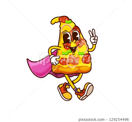Cartoon groovy fast food pizza superhero character. Takeout cafe meal hero funny groovy vector personage, fast food restaurant cheerful Y2K mascot. Salami pizza piece superhero happy 60s character Cartoon groovy fast food pizza superhero character. Takeout cafe meal hero funny groovy vector personage, fast food restaurant cheerful Y2K mascot. Salami pizza piece superhero happy 60s character 129254496