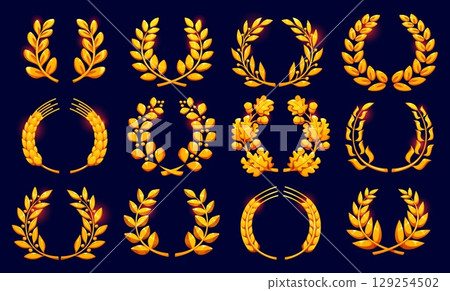 Golden laurel, wheat and oak wreath badges. Vector game assets set for winner award, prize, medal or trophy with cartoon golden laurel and oak branches wreaths, wheat spikelets, gold acorns and leaves 129254502