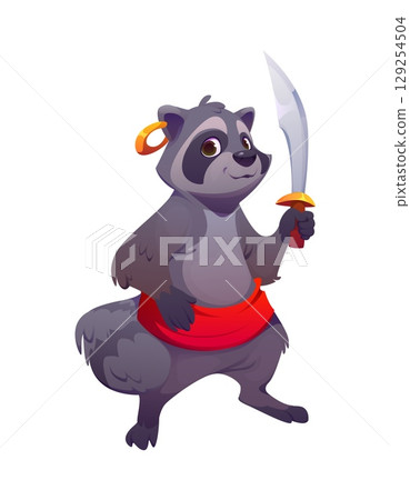 Cartoon raccoon animal pirate character. Isolated vector mischievous coon corsair personage with a cunning grin, stand with a gleaming saber, sash and earring, ready for adventurous woodland escapades 129254504