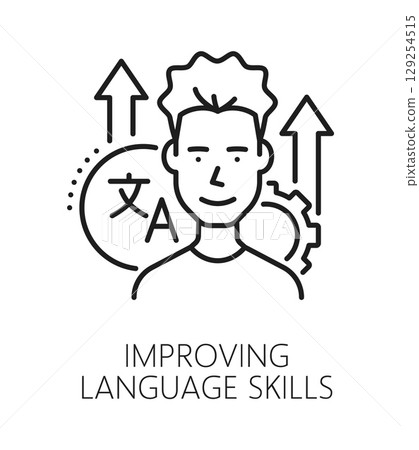 English language translation skills line icon or sign. Language translate outline vector symbol, English language dictionary pictogram. Vocabulary sign with young man character and up arrows 129254515