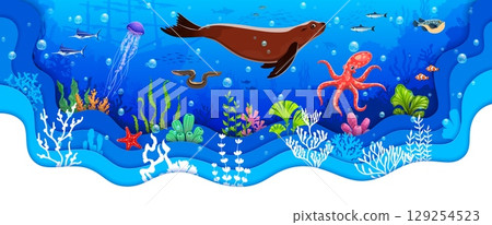Paper cut underwater landscape with seal, octopus and fish shoals. Ocean underwater life 3d paper cut vector landscape with aquatic mammal animals characters, seaweed plants and sunken ship silhouette 129254523