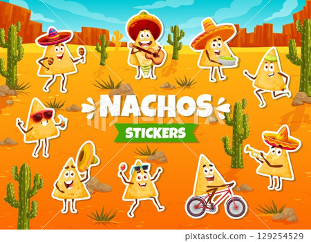Cartoon nachos chips characters stickers pack. Mexico tortilla snack vector cute personage sticker. Mexican nacho chip character in sombrero hat, playing musical instruments, riding bike and jogging Cartoon nachos chips characters stickers pack. Mexico tortilla snack vector cute personage sticker. Mexican nacho chip character in sombrero hat, playing musical instruments, riding bike and jogging 129254529