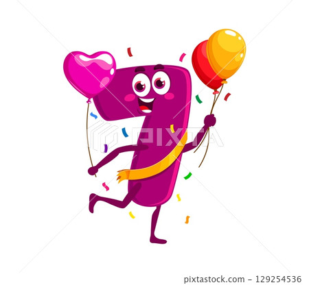 Birthday celebration cartoon math number character. Kids birthday math number isolated vector happy mascot, birthday party mathematics digit or arithmetic symbol cute character running with balloons Birthday celebration cartoon math number character. Kids birthday math number isolated vector happy mascot, birthday party mathematics digit or arithmetic symbol cute character running with balloons 129254536