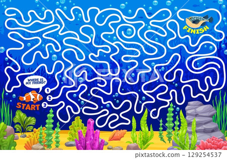 Labyrinth maze game worksheet, help to fish find her friend on the sea bottom. Pathfinder riddle, help find way game or labyrinth maze vector page with ocean or sea puffer and clown fishes characters 129254537