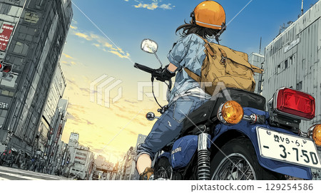 一位女騎士騎著大型巡洋艦自行車在夜晚的城市中遊覽的插圖 129254586