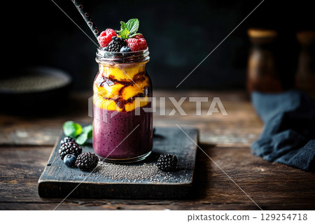 A layered fruit smoothie in a glass jar showcases bright colors of mango, berries, and mint. It is artfully arranged on a wooden board, perfect for breakfast 129254718