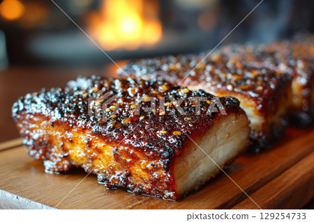 Pork belly slices caramelize on a grill, emitting savory aromas as flames dance around them. A perfect moment capturing the essence of outdoor cooking and flavor enhancement 129254733