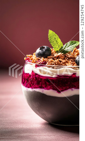 A jar breakfast features layers of creamy yogurt, vibrant berry compote, and crunchy granola, topped with fresh blueberries and mint. Perfect for a healthy morning meal A jar breakfast features layers of creamy yogurt, vibrant berry compote, and crunchy granola, topped with fresh blueberries and mint. Perfect for a healthy morning meal 129254745