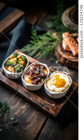 A vibrant breakfast spread showcases perfectly cooked eggs, sauteed mushrooms, and flavorful dips arranged on a rustic wooden board, ideal for a satisfying morning meal 129254746