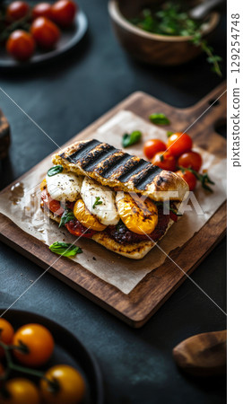Mouthwatering breakfast sandwiches stacked with savory ingredients are beautifully presented on a rustic wooden board, accompanied by vibrant citrus fruits and fresh herbs 129254748