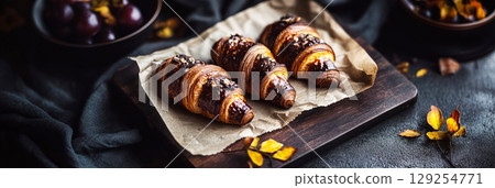 Freshly baked chocolate croissants are beautifully presented on a wooden platter, showcasing rich, flaky layers. Seasonal fruits add color and freshness to the breakfast spread 129254771