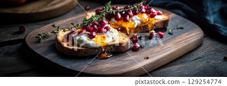 Delicious creative toasts topped with poached eggs, vibrant fruits, and pomegranate seeds are beautifully arranged on a rustic wooden table, highlighting a cozy dining atmosphere, banner 129254774