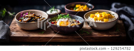 Bright and colorful breakfast spread includes bowls of grains, vegetables, fresh fruits, and a sunny side up egg arranged on a rustic wooden board in a warm kitchen, banner 129254782