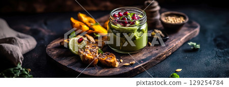 A vibrant jar filled with creamy green spread sits among grilled fruits and seeds on a rustic wooden board, creating a delightful breakfast arrangement in a warm kitchen atmosphere 129254784
