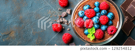 Colorful jar breakfasts showcase layers of creamy yogurt topped with fresh berries and chocolate shavings. Perfect for a nutritious morning meal rich in flavor and nutrients, banner 129254812