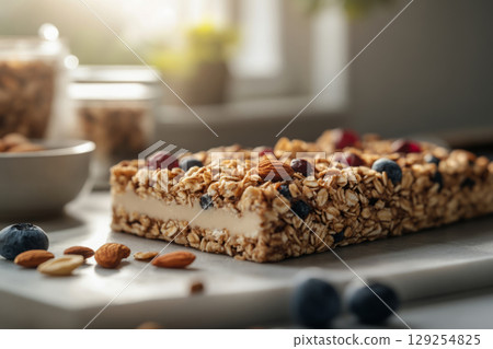 Granola bars made with oats, nuts, and berries are arranged on a kitchen countertop bathed in morning light, showcasing a healthy breakfast option 129254825