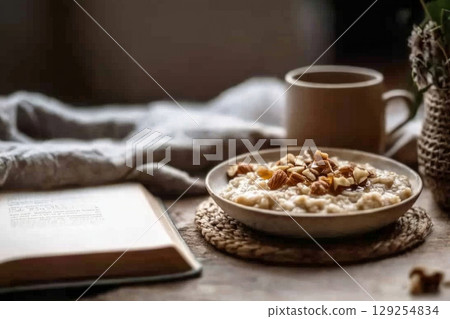 A bowl of oatmeal topped with nuts and honey sits on a woven mat next to a warm cup of tea, accompanied by an open book on a relaxed morning setting 129254834