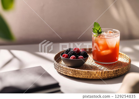 A refreshing berry mocktail garnished with mint sits on a woven tray alongside a bowl of fresh raspberries. The warm morning light creates a cozy atmosphere perfect for relaxation 129254835
