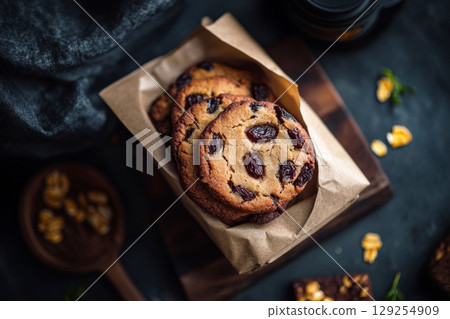 Delicious cookies packed with oats and raisins are elegantly arranged on a rustic wooden board, perfect for a morning snack or breakfast indulgence 129254909