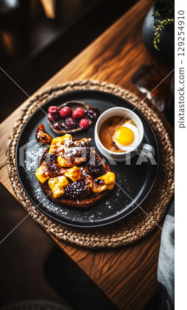 Enjoy a tasty breakfast of toasted bread with fresh fruit, coffee, and a beautifully plated egg in a warm, inviting setting perfect for leisurely mornings 129254910