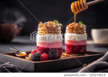 Brightly colored layers of yogurt and fruit are artfully arranged in jars, topped with fresh granola and honey drizzled on top, perfect for a wholesome breakfast experience 129254914