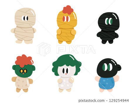 Set of cute cartoon halloween mascot. Halloween cartoon doodle set. Vector illustration in cartoon style. 129254944
