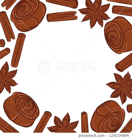 Flat style cinnamon sticks, bun and star anise border frame isolated on white background. Spice illustration for recipe book, cafe packaging and autumn seasonal decorative culinary theme design. Flat style cinnamon sticks, bun and star anise border frame isolated on white background. Spice illustration for recipe book, cafe packaging and autumn seasonal decorative culinary theme design. 129254994