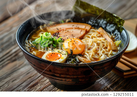 Steaming Hot Bowl of Japanese Ramen with Chashu Pork and Soft-Boiled Egg 129255011