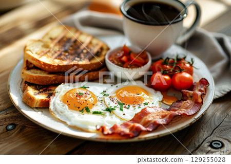 Classic European Breakfast with Sunny-Side-Up Eggs and Bacon 129255028