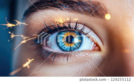 A woman's eye is illuminated with a sparkling effect, giving it a whimsical and enchanting appearance. The sparkles seem to dance around the eye, creating a sense of magic and wonder 129255112