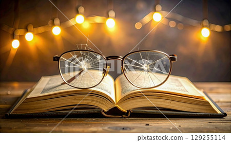 A book with a pair of glasses on top of it. The glasses are broken and the book is open to a page with a picture of a person. Scene is sad and broken 129255114