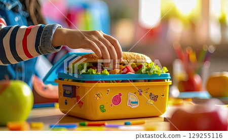 A child is reaching into a yellow container with a sandwich and a salad. The container is decorated with stickers and has a blue lid. The scene is set in a room with various objects 129255116