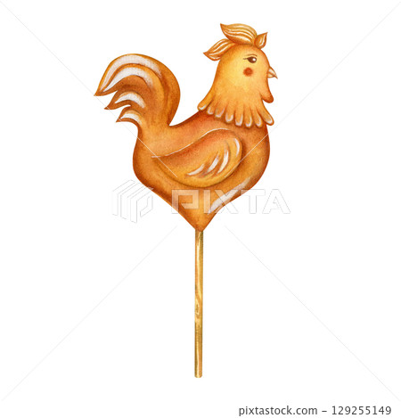 Lollipop in form of cockerel. Cockerel candy. Cockerel on a stick. Russian rooster. Watercolor illustration hand drawn on a transparent background Lollipop in form of cockerel. Cockerel candy. Cockerel on a stick. Russian rooster. Watercolor illustration hand drawn on a transparent background 129255149