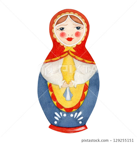 Watercolor illustration of a matryoshka doll in a red headscarf, yellow apron and blue skirt embodies the spirit of Russian culture. Isolated on transparent background, hand drawn Watercolor illustration of a matryoshka doll in a red headscarf, yellow apron and blue skirt embodies the spirit of Russian culture. Isolated on transparent background, hand drawn 129255151