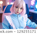 A woman with pink hair and a blue jersey 129255171