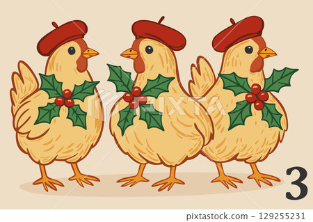 Three French hens. The twelve days of Christmas. English Christmas carol. Third day. Vector isolated illustration 129255231