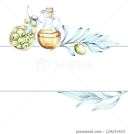 Exploring the beauty of olives and olive oil in watercolor with a touch of Italian cuisine frame, border, arrangement 129255433