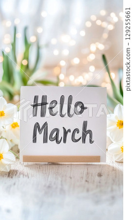 Daffodils bouquet with hello march text on light background 129255661