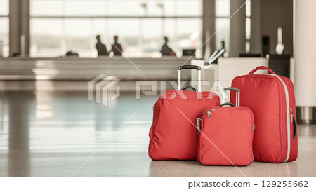 Luggage in modern airport terminal with bright natural lighting, background with copy space 129255662