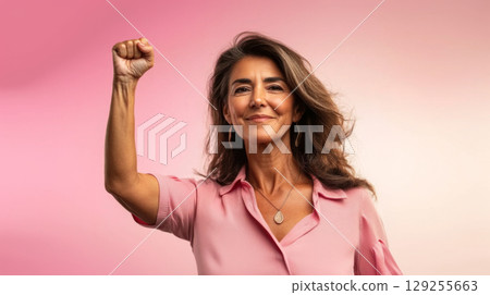 Middle aged latin american woman with raised fist of empowerment, strength and women solidarity, International Womens Day concept Middle aged latin american woman with raised fist of empowerment, strength and women solidarity, International Womens Day concept 129255663