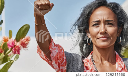 Middle aged latin american woman with raised fist of empowerment, strength and women solidarity, International Womens Day concept 129255668