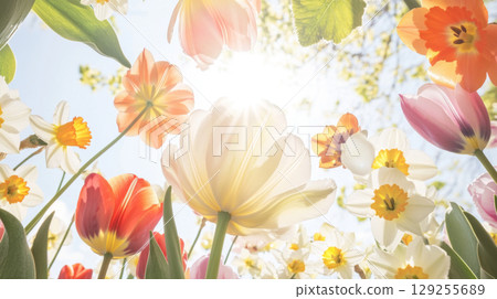 Tulip and daffodil flowers in sunny field with blue sky background, spring season Tulip and daffodil flowers in sunny field with blue sky background, spring season 129255689