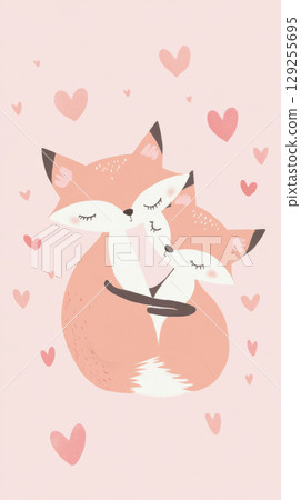 Cute fox couple embracing surrounded by hearts background, St Valentines Day postcard 129255695