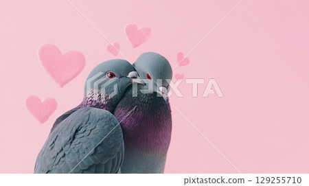 Pigeons with pink hearts on light background, symbolizing love and romance, wedding, St Valentines Day postcard 129255710