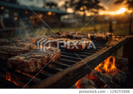 Argentine parrilla grill at sunset, sizzling beef brushed with chimichurri Argentine parrilla grill at sunset, sizzling beef brushed with chimichurri 129255806