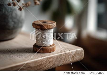 Spool of white thread rests gently on minimalist matte white tabletop 129255822