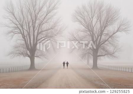 Two joggers on foggy path framed by symmetrical trees and soft hues Two joggers on foggy path framed by symmetrical trees and soft hues 129255825