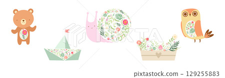 Animal with Floral Ornament as Spring Season Vector Set 129255883