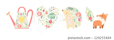 Animal with Floral Ornament as Spring Season Vector Set 129255884