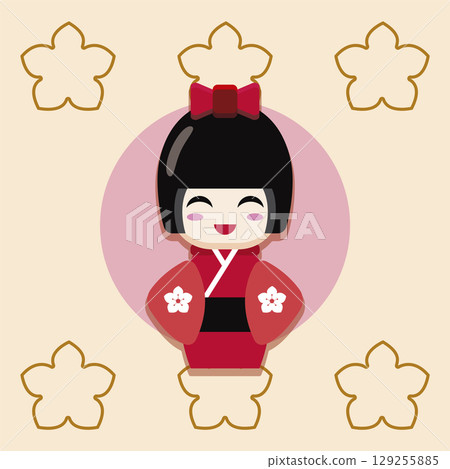 Japanese kokeshi doll pattern. Vector 129255885